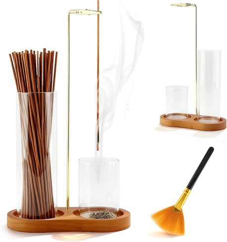 2 in 1 Glass Incense Holder for Sticks, Anti-Ash Flying Incense Burne with Glass Ash Catcher, Brush Wooden Incens-e Holder for Meditation Yoga Spa Home Decor Accessories(Color:1) in Saudi Arabia