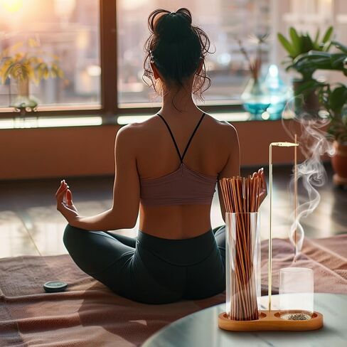 2 in 1 Glass Incense Holder for Sticks, Anti-Ash Flying Incense Burne with Glass Ash Catcher, Brush Wooden Incens-e Holder for Meditation Yoga Spa Home Decor Accessories(Color:1) in Saudi Arabia