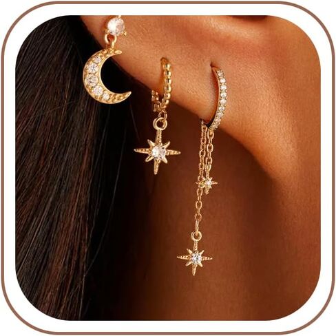 Christmas Gifts Earrings for Women - 18K Gold/Silver Plated Moon Star Hoop Stackable Cubic Zirconia Chain Dangle Earring Set Stacks for Multiple Piercings Jewelry for Sensitive Ears Non Tarnish in Saudi Arabia