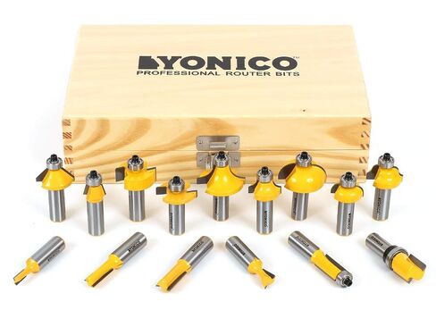 YONICO Router Bits Set 15 Bit 1/2-Inch Shank 17150 Professional Carbide Tipped Roundover, Cove, Chamfer, Bevel, Dovetail, Straight, Flush Trim, Slotting, Roman Ogee fresas de Router para Madera in Saudi Arabia