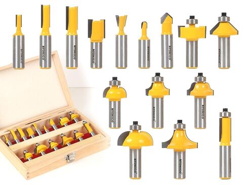 YONICO Router Bits Set 15 Bit 1/2-Inch Shank 17150 Professional Carbide Tipped Roundover, Cove, Chamfer, Bevel, Dovetail, Straight, Flush Trim, Slotting, Roman Ogee fresas de Router para Madera in Saudi Arabia