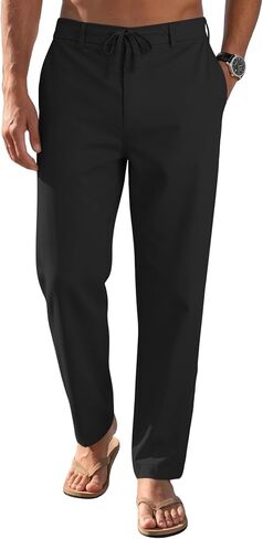 Men's Linen Casual Pants Loose Straight Elastic Suit Waist Drawstring Trousers Lightweight Beach Vacation Pants in Saudi Arabia