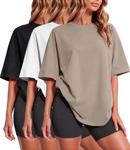 HOPLYNN 3 Pack Oversized Tshirts for Women, Summer Baggy Loose Fit Tops Crew Neck Workout Tees Plus Size T Shirts in Saudi Arabia
