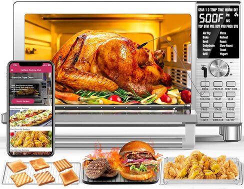 فرن محمصة رقمي Nuwave Bravo 12 في 1، مجموعة فرن حراري ومقلاة هوائية، 1800 واط، سعة 21 كيو تي، تحكم في درجة الحرارة من 50 درجة إلى 450 درجة فهرنهايت، طهي محيطي مزدوج المنطقة، تقنية Linear T، مظهر SS in Kuwait
