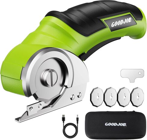Goodjob 4V Cordless Electric Scissors Box Cutter | Rechargeable Cutting Tool with 4 SK5 Blades for Cardboard Fabric Leather Carpet Upholstery 2000mAh Battery Safety Lock in Kuwait