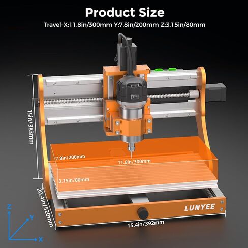 LUNYEE 3020 Nova CNC Router Machine, All-Metal XYZ Axis Linear Guides and Ball screw with 800W Trimmer Router, Suitable for Cutting Aluminum, Brass, Wood, Acrylic, MDF, and Plastics in Kuwait