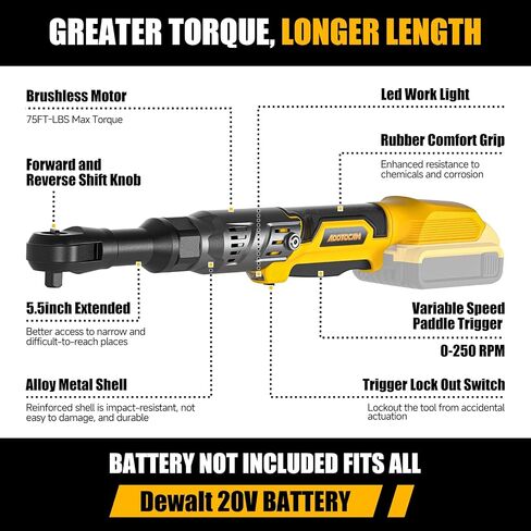 3/8" Cordless Ratchet Wrench for Dewalt 20V Battery(Tool Only),75FT-LBS(102N.m) Extended Electric Ratchet Wrench Set with Variable Speed, LED Light, 1/4"&1/2" Adapter,3" Extension Bar in Kuwait