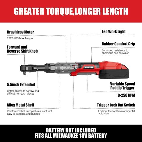 3/8" Cordless Ratchet Wrench for Milwaukee 18V Battery(Tool Only),75FT-LBS(102N.m) Extended Electric Ratchet Wrench with Variable Speed, LED Light, 1/4"&1/2" Adapter,3" Extension Bar in Kuwait