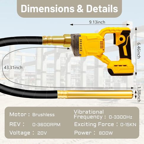 Handheld Concrete Vibrating Tool, Compatible with Dewalt 20V Battery(No Battery), 800W Cordless Electric Concrete Vibrator with 3.8ft Shaft Rod, 6000RPM Portable Vibrator for Remove Air Bubble in Kuwait