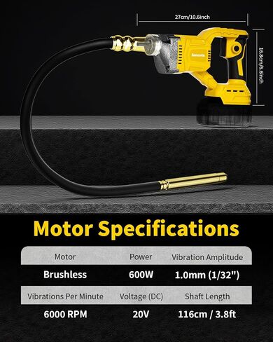 Cordless Concrete Vibrator Compatible with DeWalt 20V | Sonuvia 600W motor with 6000RPM high-frequency vibration and 3.8ft flexible shaft. Cordless design(Battery not included) in Kuwait