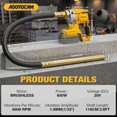 Handheld Concrete Vibrating Tool Compatible with Dewalt 20V Battery (No Battery), 600W Cordless Electric Concrete Vibrator with 3.8ft Shaft & Lock Switch, Portable Vibrator for Removing Air Bubble in Kuwait