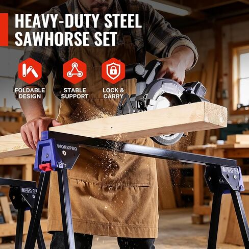 WORKPRO Folding Saw Horses 2 Pack, Heavy Duty Metal Sawhorse Supports 1800 lbs per Pair, Portable Foldable Work Stand with Lock & Carry Design for Woodworking, Garage, Workshop & Jobsite in Kuwait