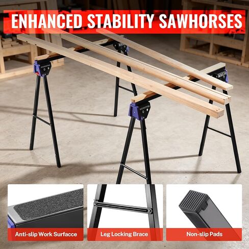WORKPRO Folding Saw Horses 2 Pack, Heavy Duty Metal Sawhorse Supports 1800 lbs per Pair, Portable Foldable Work Stand with Lock & Carry Design for Woodworking, Garage, Workshop & Jobsite in Kuwait