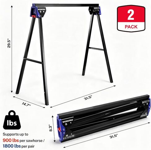 WORKPRO Folding Saw Horses 2 Pack, Heavy Duty Metal Sawhorse Supports 1800 lbs per Pair, Portable Foldable Work Stand with Lock & Carry Design for Woodworking, Garage, Workshop & Jobsite in Kuwait