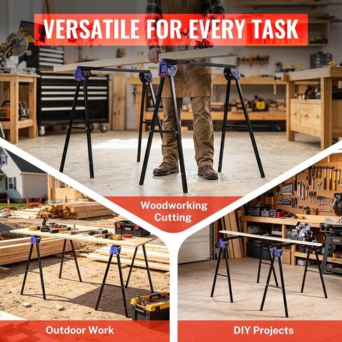 WORKPRO Folding Saw Horses 2 Pack, Heavy Duty Metal Sawhorse Supports 1800 lbs per Pair, Portable Foldable Work Stand with Lock & Carry Design for Woodworking, Garage, Workshop & Jobsite in Kuwait