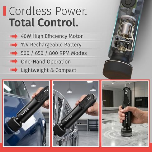RIVEN Cordless Car Polisher Buffer Kit, Adjustable 3 Speeds - 2Pcs 12V Rechargeable Battery, 3inch Orbital and Rotary Fast Polisher for Car Detailing, Waxing, Paint Correction Car & RV Polisher in Kuwait