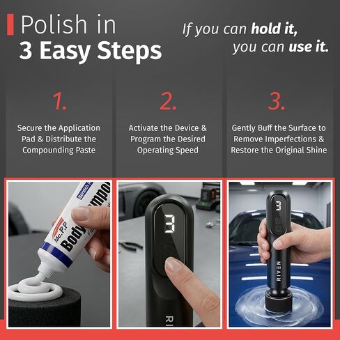 RIVEN Cordless Car Polisher Buffer Kit, Adjustable 3 Speeds - 2Pcs 12V Rechargeable Battery, 3inch Orbital and Rotary Fast Polisher for Car Detailing, Waxing, Paint Correction Car & RV Polisher in Kuwait