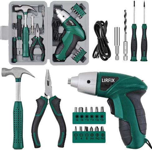 20-Piece Green 3.6V Electric Household Hardware Tool Set - Compact USB Rechargeable Low-Power Screwdriver, Pliers, Claw Hammer, Screwdriver Bits in Kuwait