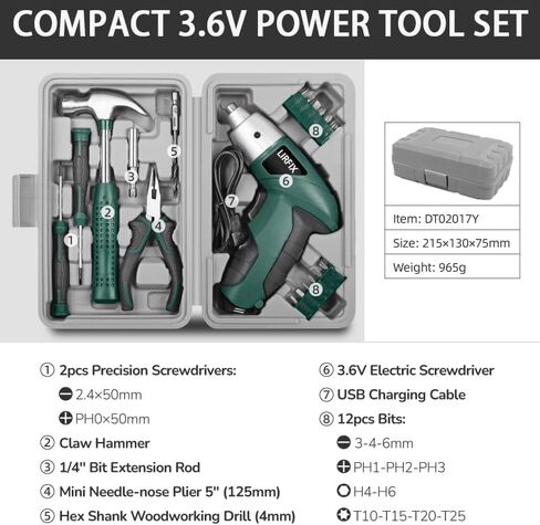20-Piece Green 3.6V Electric Household Hardware Tool Set - Compact USB Rechargeable Low-Power Screwdriver, Pliers, Claw Hammer, Screwdriver Bits in Kuwait