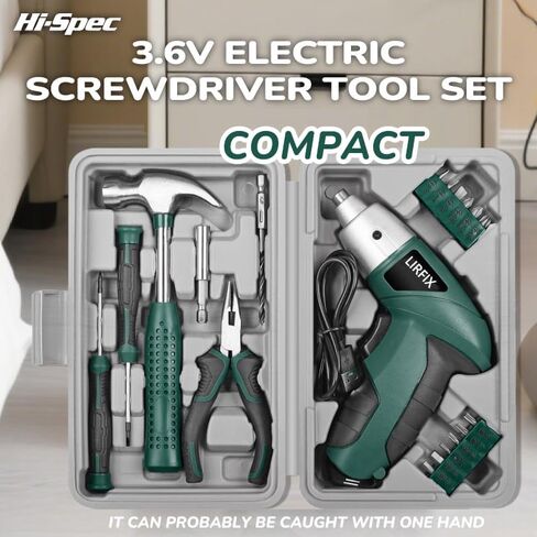 20-Piece Green 3.6V Electric Household Hardware Tool Set - Compact USB Rechargeable Low-Power Screwdriver, Pliers, Claw Hammer, Screwdriver Bits in Kuwait