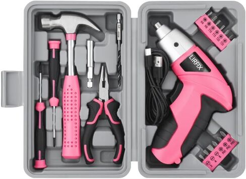 Pink 20-Piece 3.6V USB Rechargeable Cordless Screwdriver Set - Compact Toolbox with Claw Hammer, Needle-Nose Pliers & Screwdriver Bits, Low-Power Electric Tool Kit for Women, Ideal Gift in Kuwait