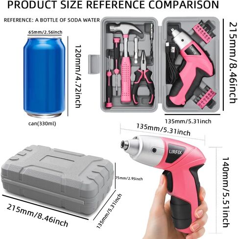 Pink 20-Piece 3.6V USB Rechargeable Cordless Screwdriver Set - Compact Toolbox with Claw Hammer, Needle-Nose Pliers & Screwdriver Bits, Low-Power Electric Tool Kit for Women, Ideal Gift in Kuwait