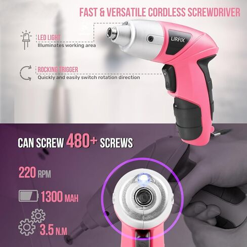 Pink 20-Piece 3.6V USB Rechargeable Cordless Screwdriver Set - Compact Toolbox with Claw Hammer, Needle-Nose Pliers & Screwdriver Bits, Low-Power Electric Tool Kit for Women, Ideal Gift in Kuwait