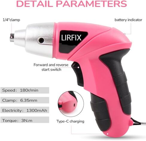 Pink 20-Piece 3.6V USB Rechargeable Cordless Screwdriver Set - Compact Toolbox with Claw Hammer, Needle-Nose Pliers & Screwdriver Bits, Low-Power Electric Tool Kit for Women, Ideal Gift in Kuwait