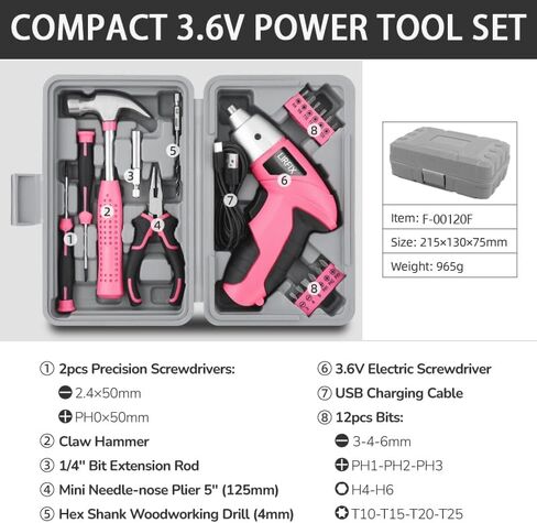 Pink 20-Piece 3.6V USB Rechargeable Cordless Screwdriver Set - Compact Toolbox with Claw Hammer, Needle-Nose Pliers & Screwdriver Bits, Low-Power Electric Tool Kit for Women, Ideal Gift in Kuwait