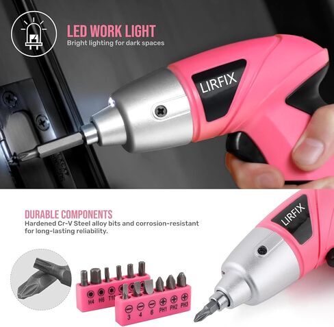 Pink 20-Piece 3.6V USB Rechargeable Cordless Screwdriver Set - Compact Toolbox with Claw Hammer, Needle-Nose Pliers & Screwdriver Bits, Low-Power Electric Tool Kit for Women, Ideal Gift in Kuwait