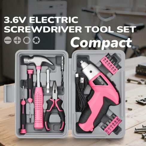 Pink 20-Piece 3.6V USB Rechargeable Cordless Screwdriver Set - Compact Toolbox with Claw Hammer, Needle-Nose Pliers & Screwdriver Bits, Low-Power Electric Tool Kit for Women, Ideal Gift in Kuwait