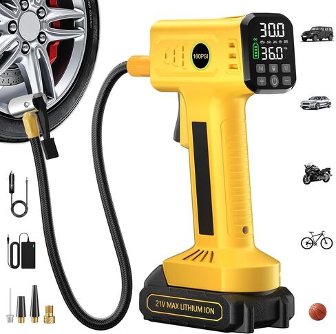 Tire Inflator Portable Air Compressor, Fast Inflation, 160 PSI Cordless Tire Inflator with 21V Rechargeable Battery & 12V Car Power Adapter, Air Pump for Car Tires, SUV, Motorcycle, Bike, Ball in Kuwait