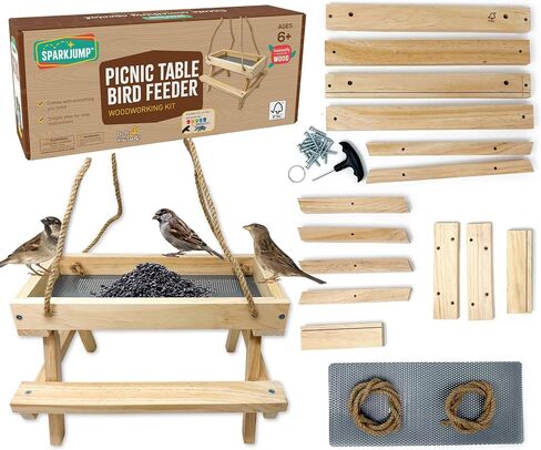 SparkJump Picnic Table Bird Feeder Kit, DIY Woodworking Project for Kids and Families, Complete Tools and Paint Set, FSC-Certified Sustainable Wood, Backyard Nature Activity, Ages 6+ in Kuwait
