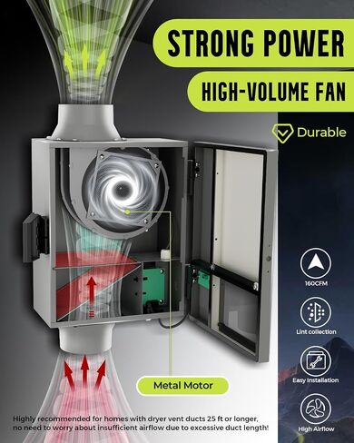 4 Inch Dryer Vent Booster Fan, 160 CFM, Auto On/Off, Plug-In | Lint Trap with View Window, Clog & Overheat Alerts, Remote Status Panel, Long Duct Runs Over 25 Ft in Kuwait