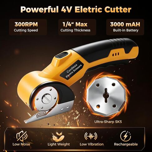 Cordless Cardboard Cutter, 3000mAh Electric Scissors with 2 Blades, Rechargeable Box Cutter with LED Light & Safety Lock, 300 RPM, 4V Power Rotary Scissors for Fabric, Carpet, Leather and Plastic in Kuwait