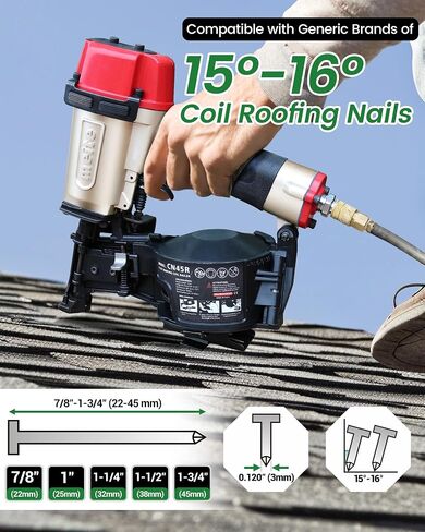 meite CN45R Roofing Nailer Pneumatic 15 Degree Coil Nail Gun 7/8" to 1-3/4" | 15/16° Wire-weld Collated Roofing Nail Gun, 120rd Mag, Safety&Tool-free Depth Dial, for Asphalt Shingle Felt Underlayment in Kuwait