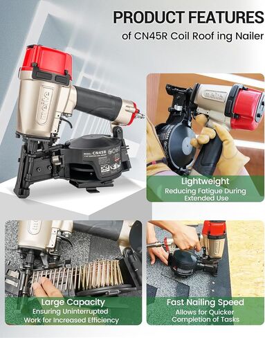 meite CN45R Roofing Nailer Pneumatic 15 Degree Coil Nail Gun 7/8" to 1-3/4" | 15/16° Wire-weld Collated Roofing Nail Gun, 120rd Mag, Safety&Tool-free Depth Dial, for Asphalt Shingle Felt Underlayment in Kuwait