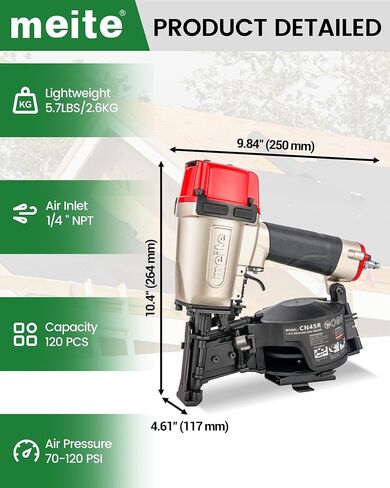 meite CN45R Roofing Nailer Pneumatic 15 Degree Coil Nail Gun 7/8" to 1-3/4" | 15/16° Wire-weld Collated Roofing Nail Gun, 120rd Mag, Safety&Tool-free Depth Dial, for Asphalt Shingle Felt Underlayment in Kuwait