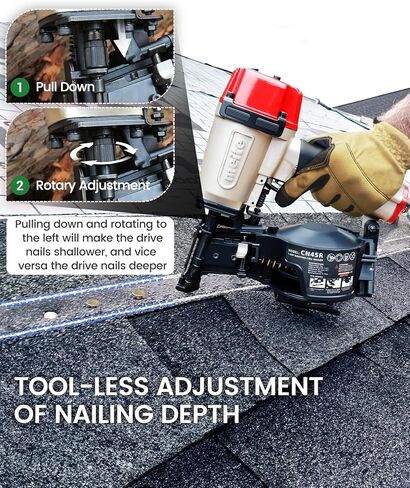 meite CN45R Roofing Nailer Pneumatic 15 Degree Coil Nail Gun 7/8" to 1-3/4" | 15/16° Wire-weld Collated Roofing Nail Gun, 120rd Mag, Safety&Tool-free Depth Dial, for Asphalt Shingle Felt Underlayment in Kuwait
