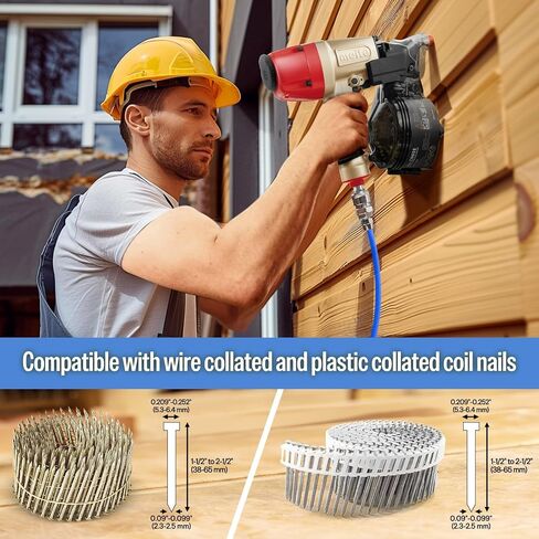 meite CN65S Coil Siding Nailer Pneumatic 15 Degree Nail Gun 1-1/2"to 2-1/2" | Heavy-duty Wire-weld or Plastic Collated Coil Nailer, Depth Adjust, 360° Exhaust, Wood Pallets Decking Sheathing Subflooring in Kuwait