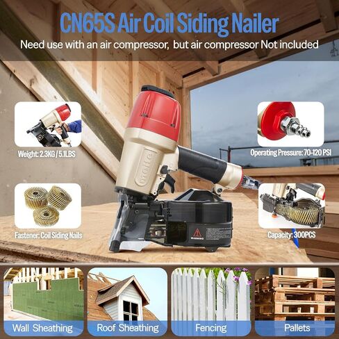 meite CN65S Coil Siding Nailer Pneumatic 15 Degree Nail Gun 1-1/2"to 2-1/2" | Heavy-duty Wire-weld or Plastic Collated Coil Nailer, Depth Adjust, 360° Exhaust, Wood Pallets Decking Sheathing Subflooring in Kuwait