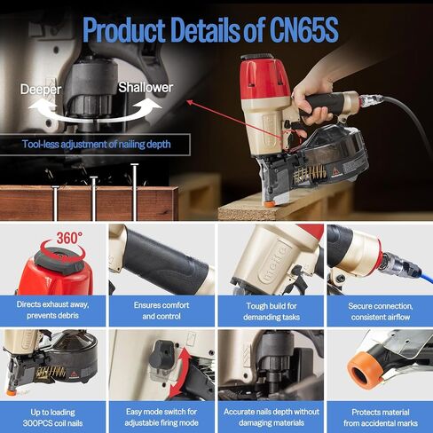 meite CN65S Coil Siding Nailer Pneumatic 15 Degree Nail Gun 1-1/2"to 2-1/2" | Heavy-duty Wire-weld or Plastic Collated Coil Nailer, Depth Adjust, 360° Exhaust, Wood Pallets Decking Sheathing Subflooring in Kuwait