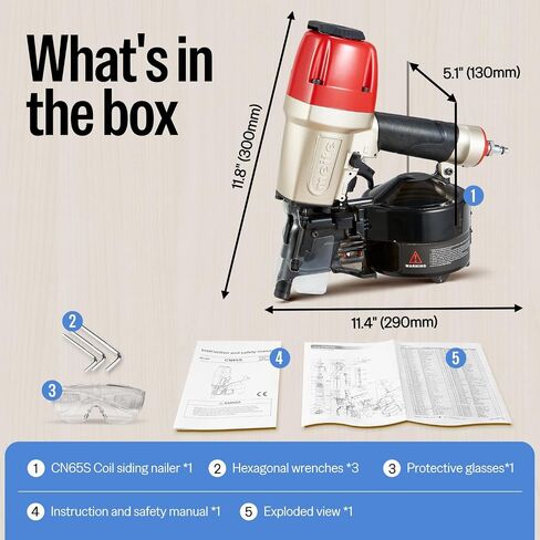 meite CN65S Coil Siding Nailer Pneumatic 15 Degree Nail Gun 1-1/2"to 2-1/2" | Heavy-duty Wire-weld or Plastic Collated Coil Nailer, Depth Adjust, 360° Exhaust, Wood Pallets Decking Sheathing Subflooring in Kuwait