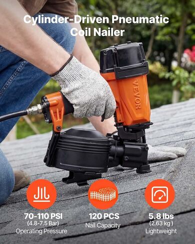 VEVOR Professional Roofing Nailer CN45N, 3/4" to 1-3/4" 15 Degree Air Roofing Nail Gun, 4–5 Nails/S Ultra-Fast Nailing, 70-110 PSI Pneumatic Coil Nailer for Asphalt Shingles, Roof Sheathing in Kuwait