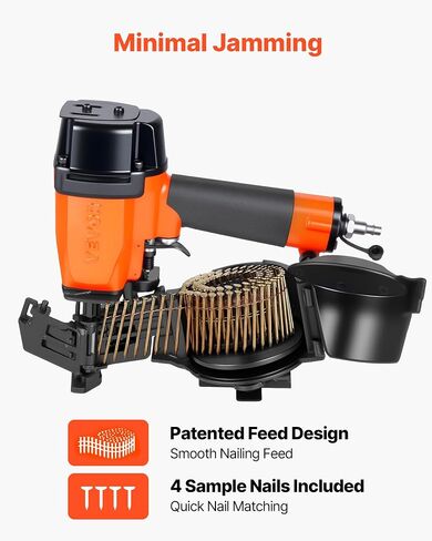 VEVOR Professional Roofing Nailer CN45N, 3/4" to 1-3/4" 15 Degree Air Roofing Nail Gun, 4–5 Nails/S Ultra-Fast Nailing, 70-110 PSI Pneumatic Coil Nailer for Asphalt Shingles, Roof Sheathing in Kuwait