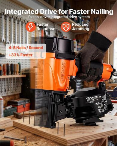VEVOR Professional Roofing Nailer CN45N, 3/4" to 1-3/4" 15 Degree Air Roofing Nail Gun, 4–5 Nails/S Ultra-Fast Nailing, 70-110 PSI Pneumatic Coil Nailer for Asphalt Shingles, Roof Sheathing in Kuwait