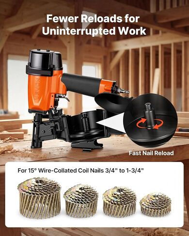 VEVOR Professional Roofing Nailer CN45N, 3/4" to 1-3/4" 15 Degree Air Roofing Nail Gun, 4–5 Nails/S Ultra-Fast Nailing, 70-110 PSI Pneumatic Coil Nailer for Asphalt Shingles, Roof Sheathing in Kuwait