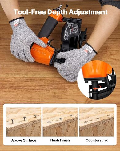 VEVOR Professional Roofing Nailer CN45N, 3/4" to 1-3/4" 15 Degree Air Roofing Nail Gun, 4–5 Nails/S Ultra-Fast Nailing, 70-110 PSI Pneumatic Coil Nailer for Asphalt Shingles, Roof Sheathing in Kuwait