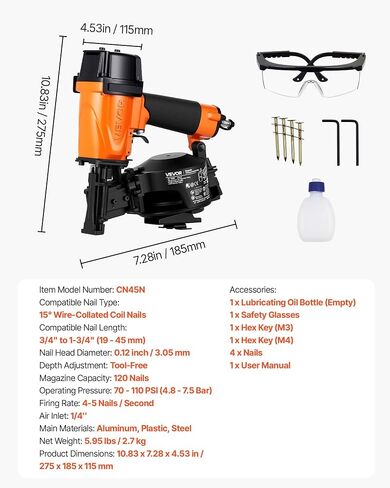 VEVOR Professional Roofing Nailer CN45N, 3/4" to 1-3/4" 15 Degree Air Roofing Nail Gun, 4–5 Nails/S Ultra-Fast Nailing, 70-110 PSI Pneumatic Coil Nailer for Asphalt Shingles, Roof Sheathing in Kuwait