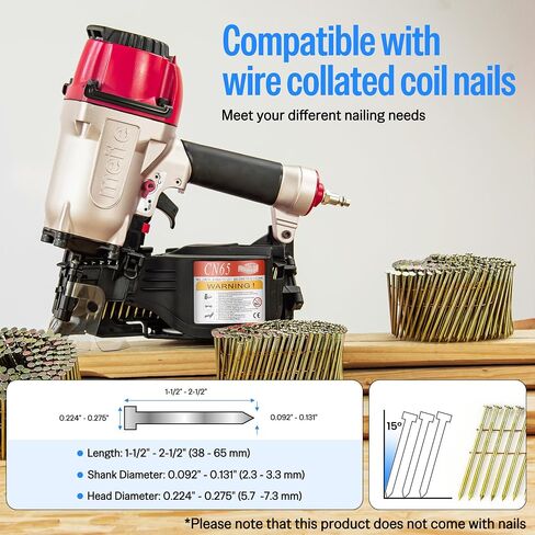 meite CN65 Coil Nailer 15 Degree Pneumatic Nail Gun for 1-1/2" to 2-1/2" | Heavy-duty Wire-weld Collated Coil Nailer, 300rd Mag, Depth Adjust, Hardwood Pallets Decking Sheathing Subflooring Fencing in Kuwait